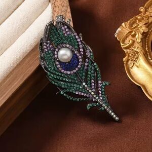 Royal Peacock Feather Crystal Brooch